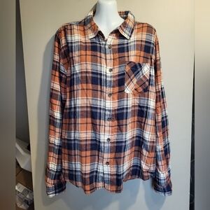 Women's Plaid Button-Down Shirt in Orange and Blue, Size Small